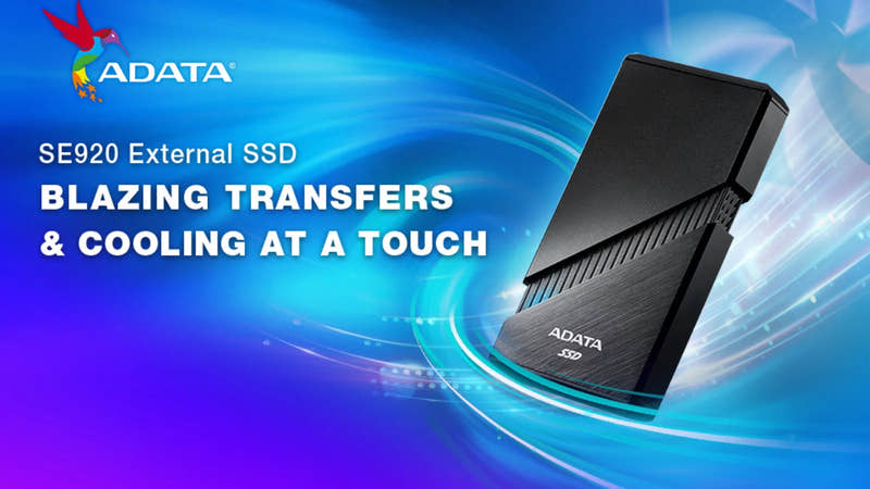 ADATA SE920 External SSD with blue and purple gradient background