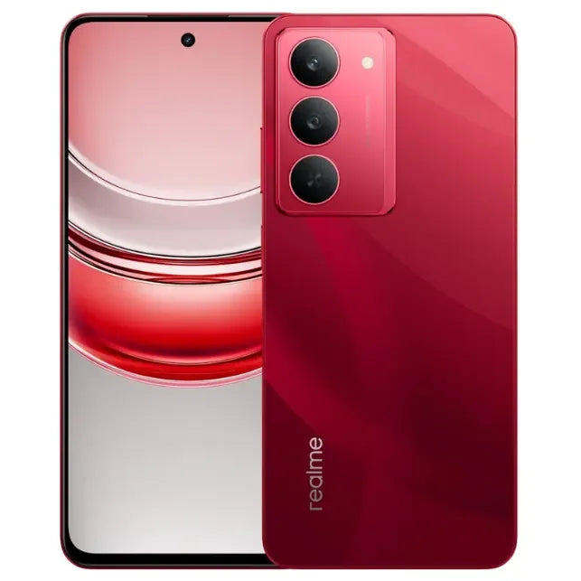 Red smartphone with 'realme' branding on a white background