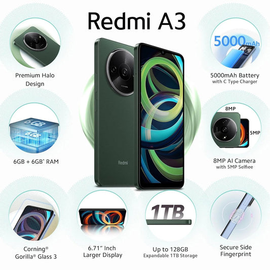Redmi A3 Olive Green 6GB RAM 128GB Storage Microcenter India
