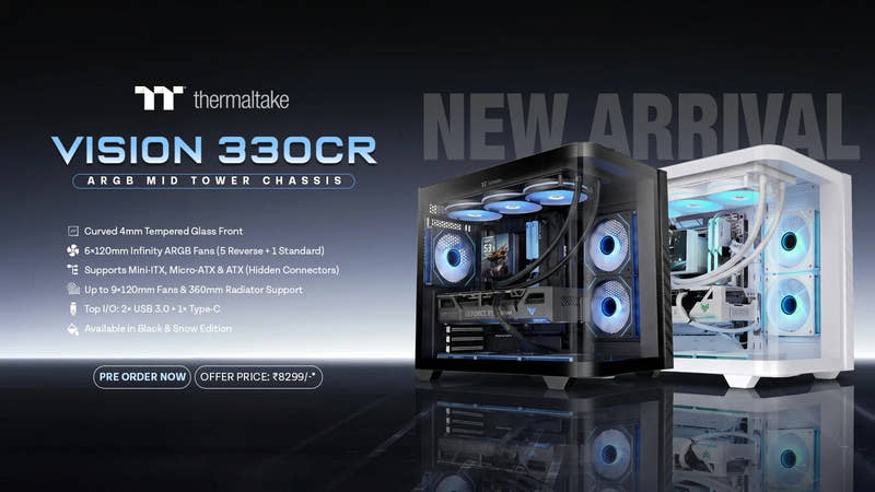 Thermaltake Vision 330CR ARGB mid tower chassis with text on a dark background