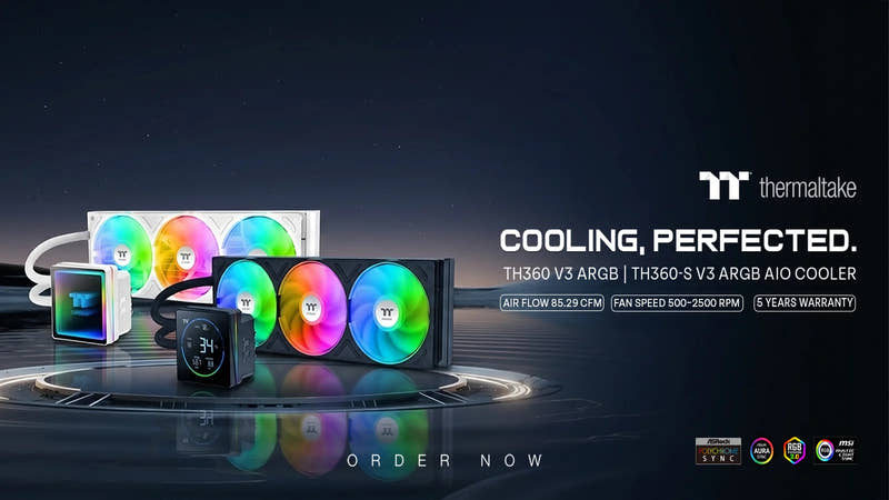 Thermaltake cooling products with RGB lighting on a dark background