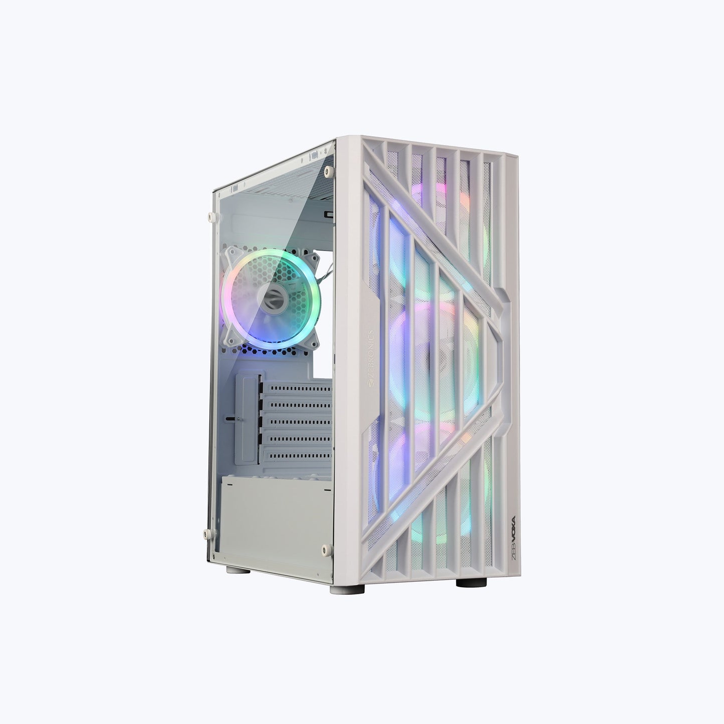 Zebronics Zeb-Voxa White mATX gaming PC cabinet with tempered glass side panel and ARGB fans