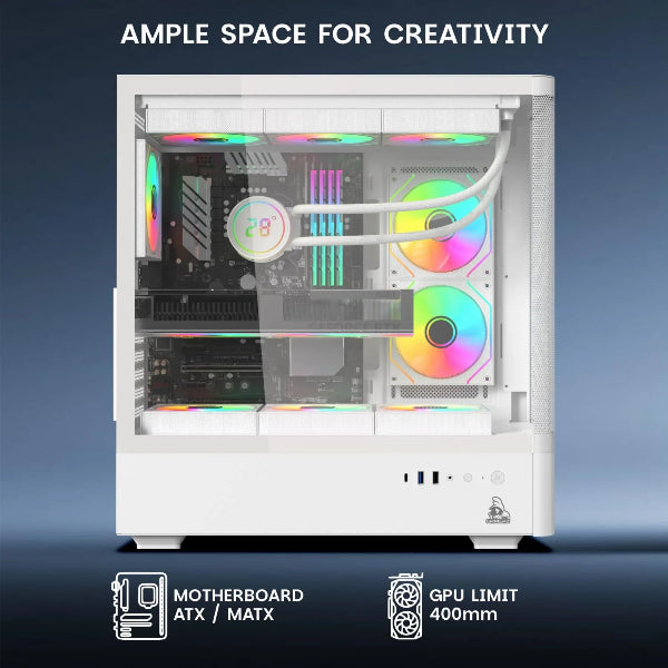 Computer case with RGB lighting on a gradient blue background