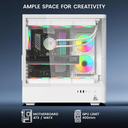 Computer case with RGB lighting on a gradient blue background
