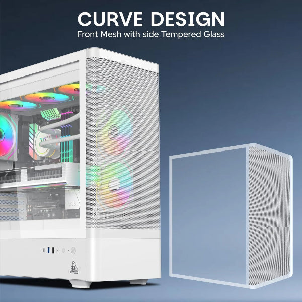 Computer case with curved design and front mesh on a blue background