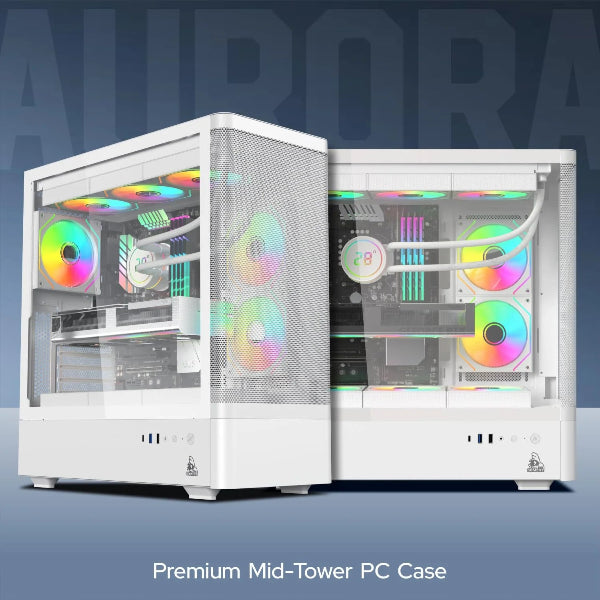 White mid-tower PC case with colorful fans on a blue background
