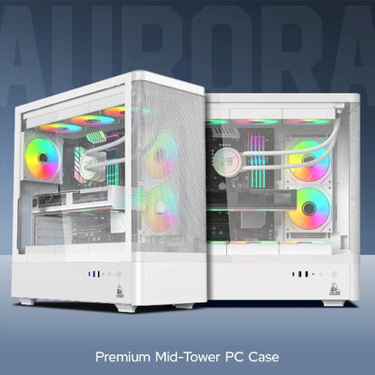 White mid-tower PC case with colorful fans on a blue background