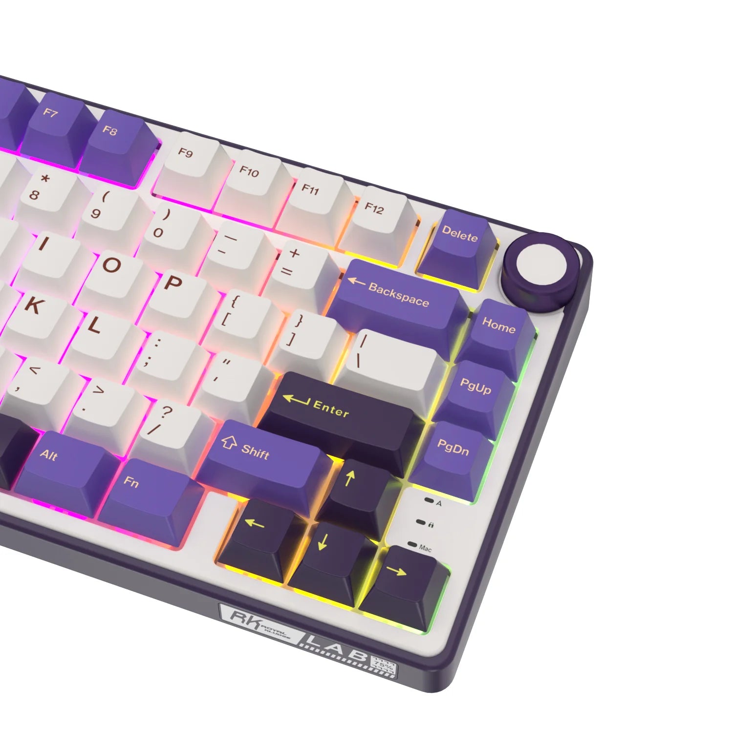 Compact keyboard with purple and white keys on a white background