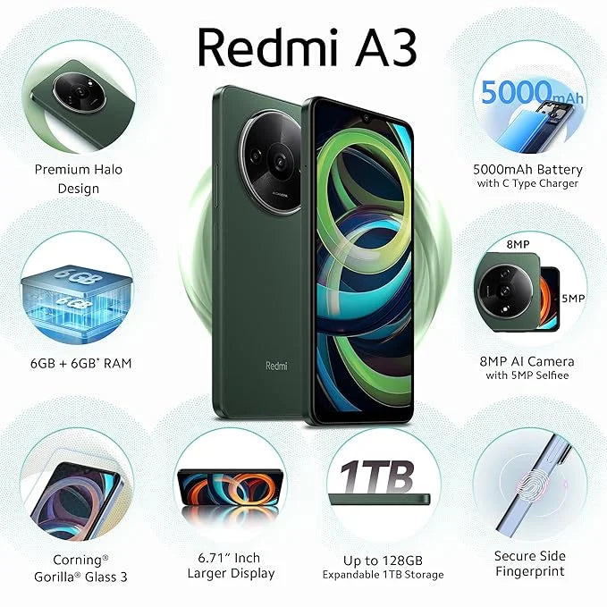 Redmi A3 Olive Green 4GB RAM 128GB Storage - Microcenter India