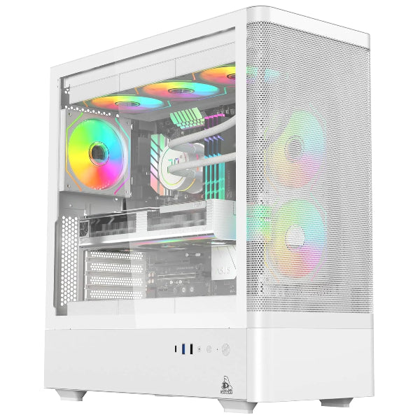 White computer case with RGB lighting on a white background