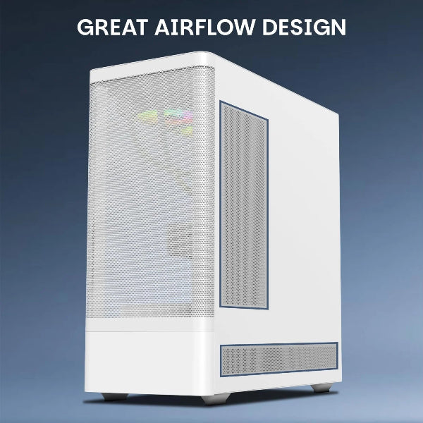White computer case with mesh side panel on a blue background, labeled 'GREAT AIRFLOW DESIGN'.