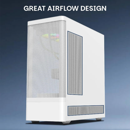 White computer case with mesh side panel on a blue background, labeled 'GREAT AIRFLOW DESIGN'.