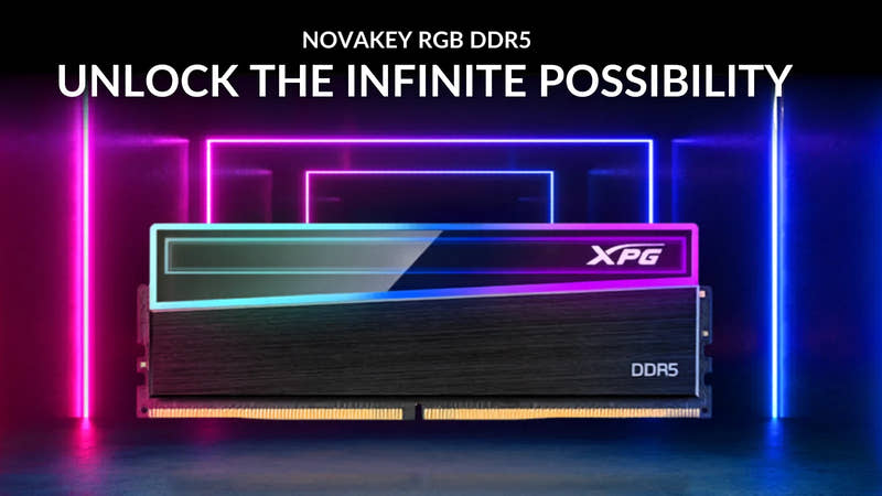 Novakkey RGB DDR5 memory module with colorful lighting effects on a dark background