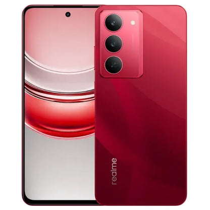 Red smartphone with 'realme' branding on a white background