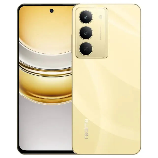 Gold smartphone showing front and back on a white background
