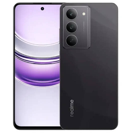 Smartphone with purple back panel and 'realme' branding on a white background