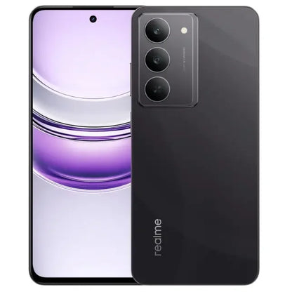 Smartphone with purple back panel and 'realme' branding on a white background