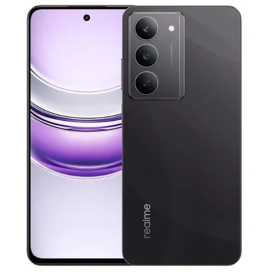 Smartphone with purple back panel and 'realme' branding on a white background