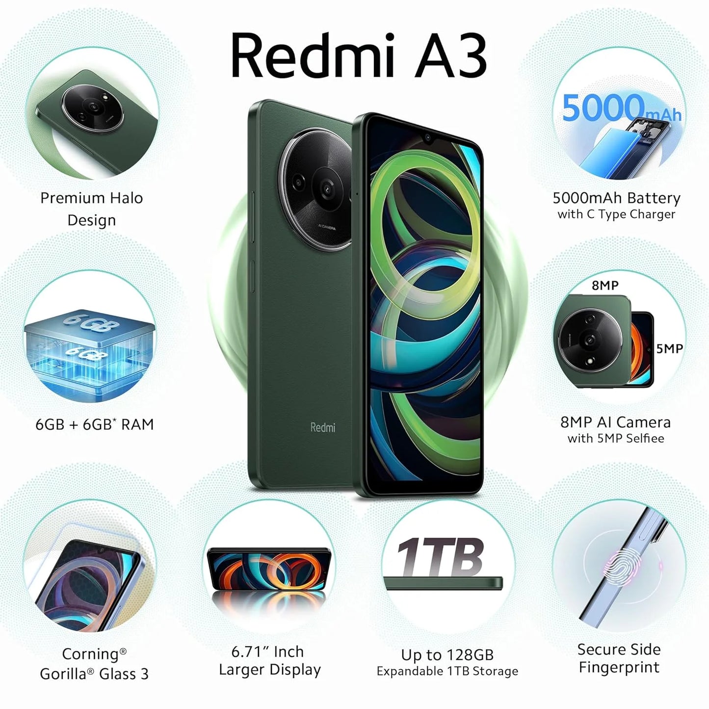 Redmi A3 Olive Green 6GB RAM 128GB Storage