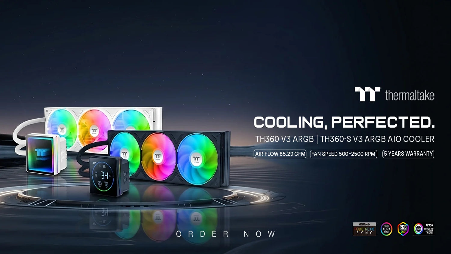 Thermaltake cooling products with RGB lighting on a dark background