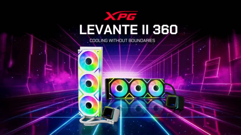 XPG Levante II 360 cooling system with colorful LED lights on a futuristic background.