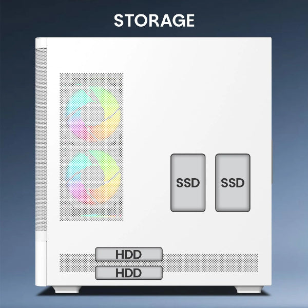 Computer case with RGB fan and storage options labeled SSD and HDD on a blue gradient background.