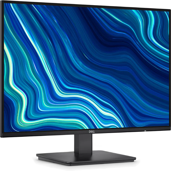 Dell monitor with a blue and green abstract wallpaper on a white background