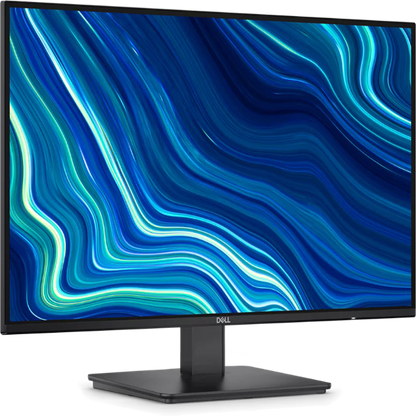 Dell monitor with a blue and green abstract wallpaper on a white background