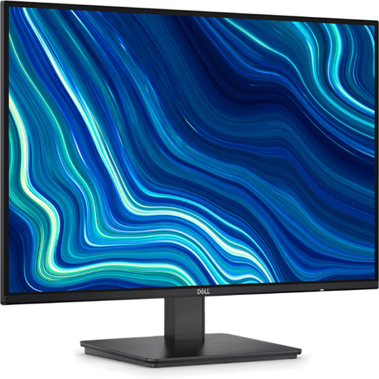Dell monitor with a blue and green abstract wallpaper on a white background