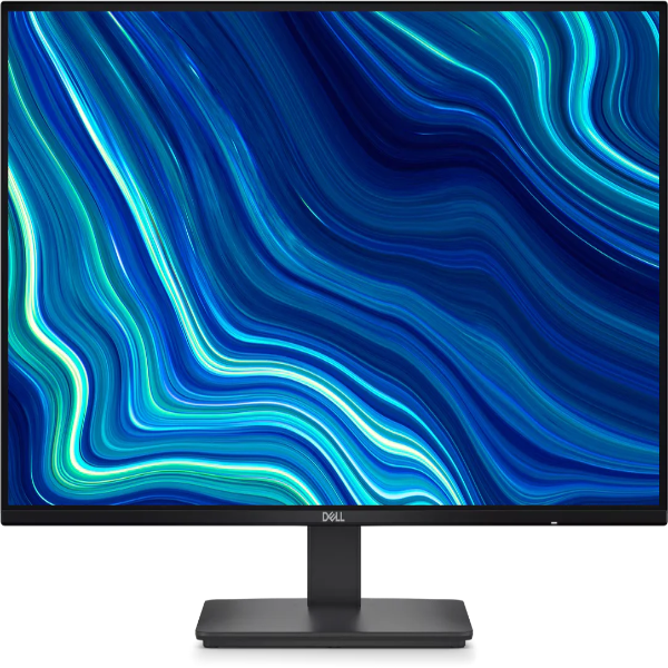 Dell monitor with a blue and green abstract wallpaper on a white background