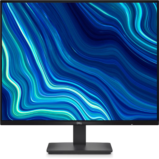 Dell monitor with a blue and green abstract wallpaper on a white background